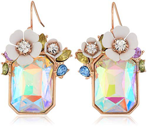 Betsey Johnson Flower Rectangle Stone Drop Earrings, White, One Size: Jewelry
