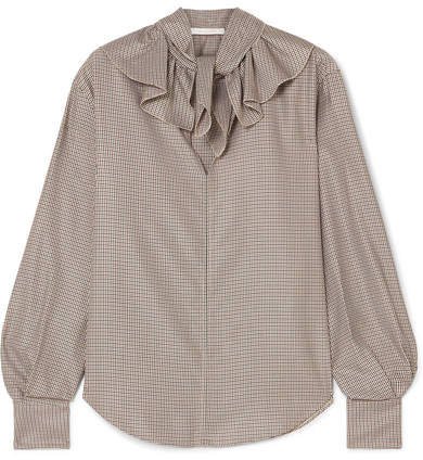 Ruffled Houndstooth Crepe Blouse - Brown