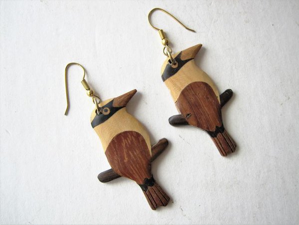 Vintage Wood Woodpecker Bird Dangle Earrings Exotic Woods Gold | Etsy