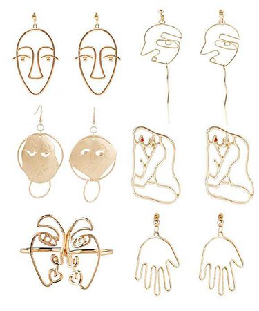 Mrotrida Girls Face Earrings Unique Abstract Art Dangle Geometric Statement Earrings & Hollow Face Rings 6 Pair/Set: Amazon