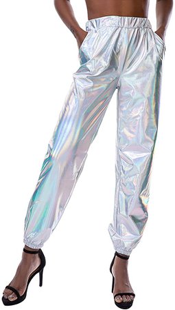 SIAEAMRG Womens Shiny Metallic High Waist Stretchy Jogger Pants, Wet Look Hip Hop Club Wear Holographic Trousers Sweatpant (Silver, L) at Amazon Women’s Clothing store