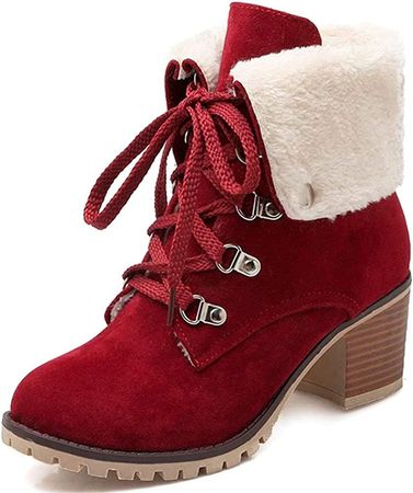Amazon.com | SO SIMPOK Womens Lace Up Winter Snow Boots Fur Block Heel Ankle Boots Warm Suede Outdoor Chunky Heel Short Booties Wine Red | Boots