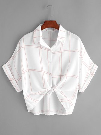 Rolled Sleeve Grid Knot Front Shirt | ROMWE
