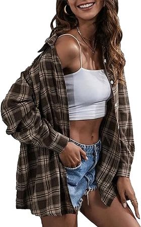 Zontroldy Brown Plaid Flannel Shirt Women Oversized Long Sleeve Button Down Buffalo Plaid Shirt Blouse Tops (0228-Coffee-M) at Amazon Women’s Clothing store