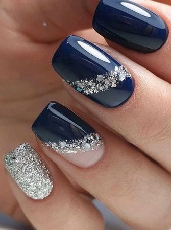 blue silver glitter nails