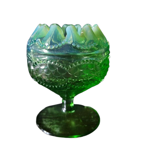 Antique Jefferson Glass Opalescent Green Pearls and Scales Footed Rose Bowl
