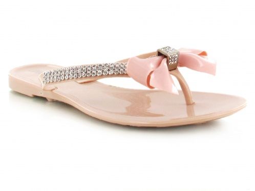 NUDE DIAMANTE FLIP FLOP TOE POST BOW JELLY SANDALS - Chockers Shoes