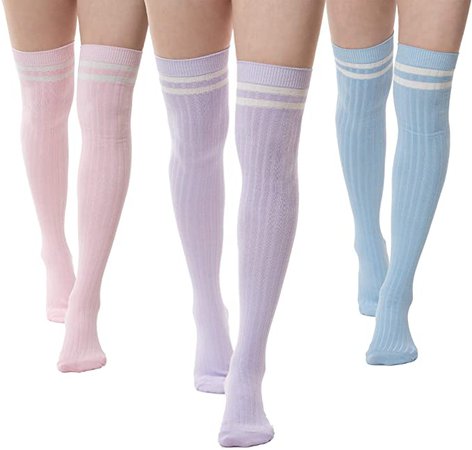 Pack of 3 Striped Thigh High Cable Knit Socks (Pink, Baby Blue, Mauve) at Amazon Women’s Clothing store