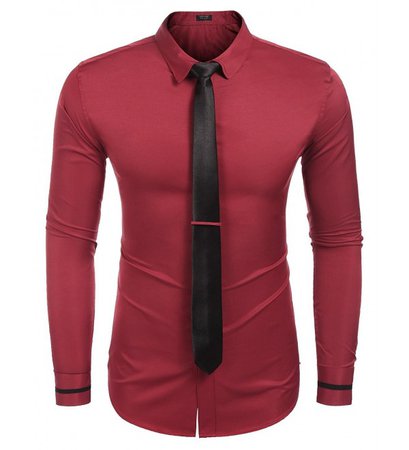 Mens Slim Fit Stylish Long Sleeve Dress Shirt With Matching Tie - Wine Red - C5187EUS00Y