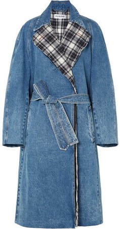 Belted Denim And Quilted Checked Flannel Coat - Mid denim