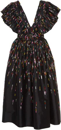 Sequin Embroidered Flutter-Sleeve Satin Dress