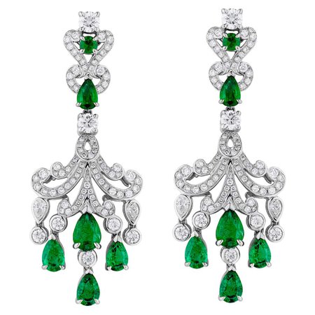 Garrard 'Waterlily' 18 Karat White Gold White Diamond Emerald Drop Earrings For Sale at 1stDibs