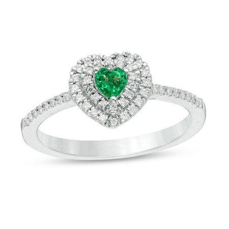 Lab-Created Emerald and 1/5 CT. T.W. Diamond Double Frame Heart Promise Ring in Sterling Silver | Promise Rings | Wedding | Zales
