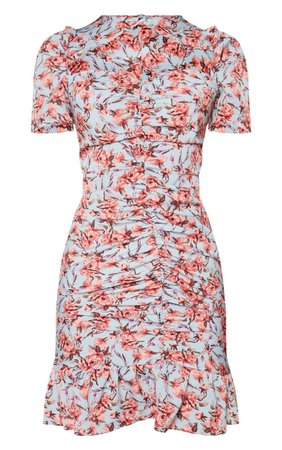 DUSTY BLUE FLORAL PRINT CUT OUT RUCHED BODYCON DRESS
