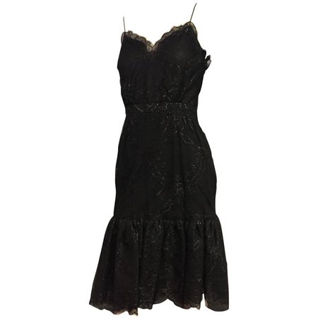 Bill Blass Black Silk Lace Slip-Style Cocktail Dress w Gathered Net Flounce Hem For Sale at 1stdibs