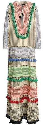 Tassel-trimmed Embroidered Striped Cotton-gauze Maxi Dress
