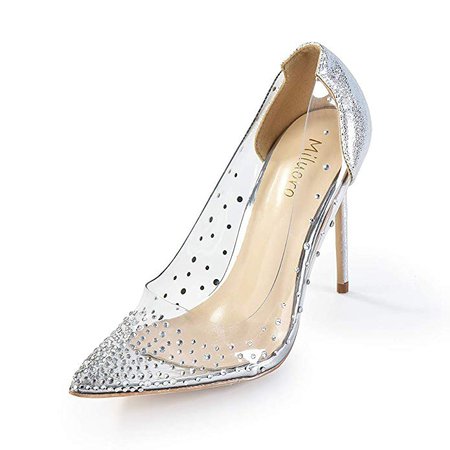 Amazon.com | Miluoro Women Pointed Toe Transparent Rhinestones High Heels Party Wedding Pumps (8, Silver 3.94inches) | Pumps