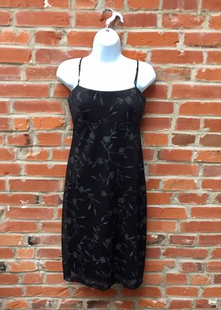 Vintage-90s-Black-Glitter-Floral-Print-Dress-Womens-Spaghetti-Strap
