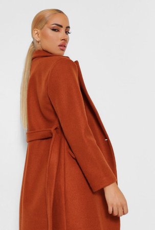 Long Orange Winter Coat on Model from boo hop