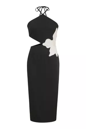 White Flower Embellished Cut-Out Black Halter Dress