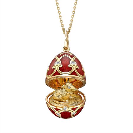 Chinese New Year Palais Tsarskoye Selo Yellow Gold Locket with Red Enamel and Yellow Gold Rat Surprise with Diamond Eyes