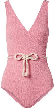 Yasmin Belted Seersucker Swimsuit - Baby pink