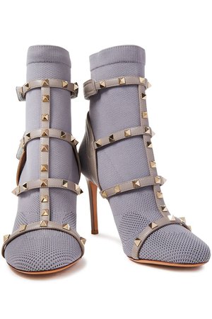 Gray Rockstud leather-trimmed stretch-knit sock boots | Sale up to 70% off | THE OUTNET | VALENTINO GARAVANI | THE OUTNET