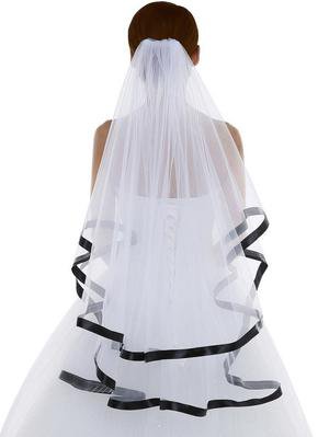 White Short Wedding Veil With Black Ribbon – Matrimony Prep