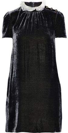 Ruffled Lace-trimmed Crushed-velvet Mini Dress