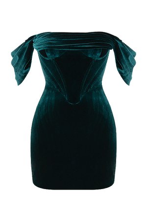 Clothing : Mini Dresses : 'Jolanda' Emerald Green Off Shoulder Mini Dress