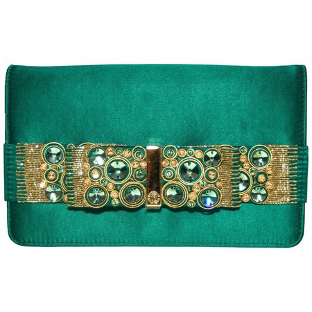 Roberto Cavalli Green Satin Gold Tone and Green Beaded Bow Clutch For Sale at 1stdibs