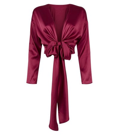 Urban Bliss Burgundy Satin Tie Front Blouse | New Look
