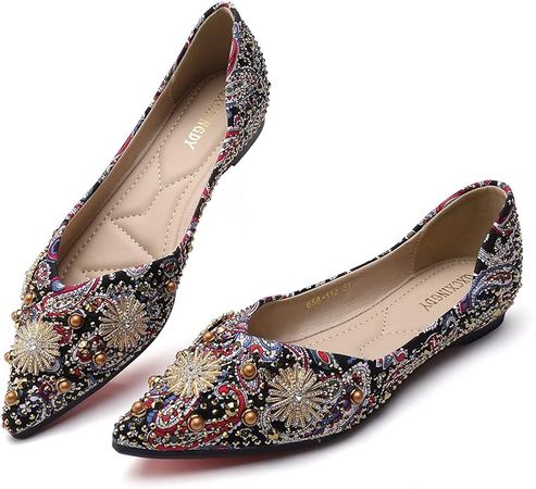 QXCXINGDY Flats for Women Pointed Toe Rhinestone Fashion Wedding Shoes Comfort Flat Shoes Work Casual Slip-On Dress Shoes Black Size - 6 | Flats