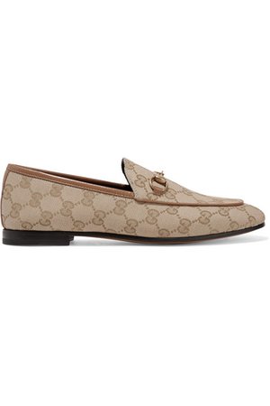 Gucci | Jordaan horsebit-detailed leather-trimmed logo-printed canvas loafers | NET-A-PORTER.COM