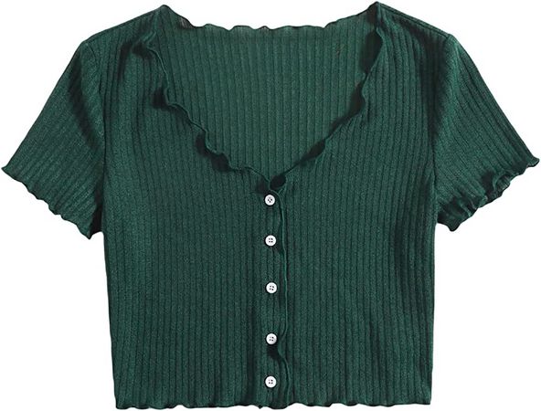 Verdusa Women's V Neck Button Down Short Sleeve Rib Knit Crop Top Tee Shirt Khaki S at Amazon Women’s Clothing store