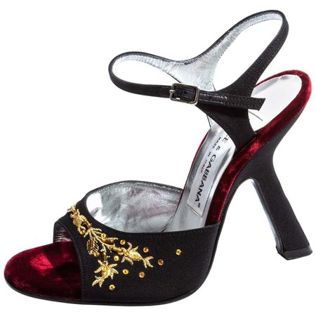 Dolce and Gabbana black and gold embroidered silk velvet evening heels, ss 1998 For Sale at 1stdibs