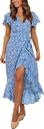 ZESICA Women's Summer Bohemian Floral Printed Wrap V Neck Beach Party Flowy Ruffle Midi Dress at Amazon Women’s Clothing store