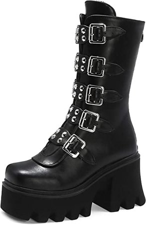 Black Platform Boots Studded Wide Chunky Heel