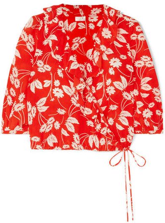RIXO London - Sofia Ruffled Floral-print Silk-crepe Wrap Top - Red