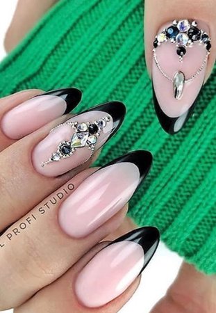 Black French Tip Nails w/ Stones