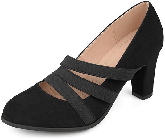 Amazon.com | Brinley Co. Womens Levin Faux Suede Comfort Sole Chunky Heel Almond Toe Triple Elastic Strap Heels Grey, 8.5 Regular US | Pumps