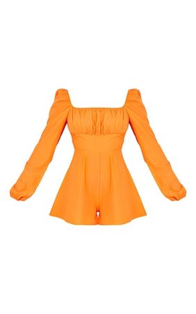 Bright Orange Tie Back Long Sleeve Romper | PrettyLittleThing USA