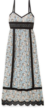 Corded Lace And Grosgrain-trimmed Printed Silk-chiffon Midi Dress - Light blue