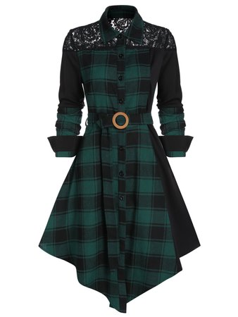 [41% OFF] Lace Panel Plaid Print Belted Shirt Dress | Rosegal
