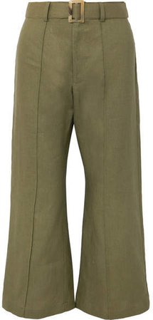 Belted Linen Wide-leg Pants - Army green