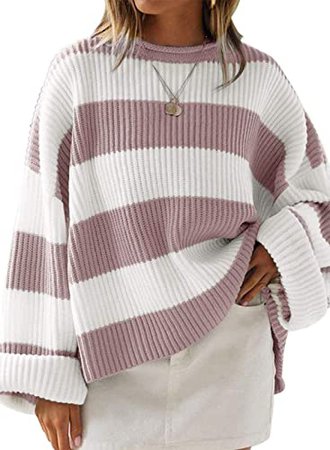 ZESICA Women's Long Sleeve Crew Neck Striped Color Block Comfy Loose Oversized Knitted Pullover Sweater Grey at Amazon Women’s Clothing store