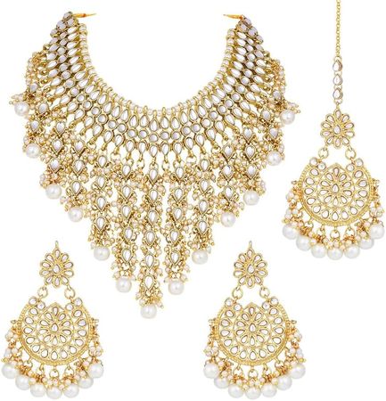 Amazon.com: Aheli Elegant Indian Wedding Wear Faux Kundan Studded Choker Necklace with Maang Tikka Set Ethnic Fashion Jewelry for Women (White Kundan & Pearl Drop): Clothing, Shoes & Jewelry