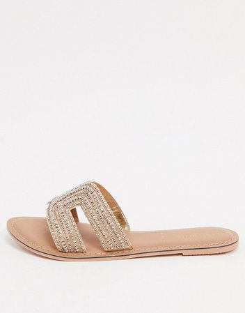 Accessorize Bella beaded flat sandals in gold | ASOS