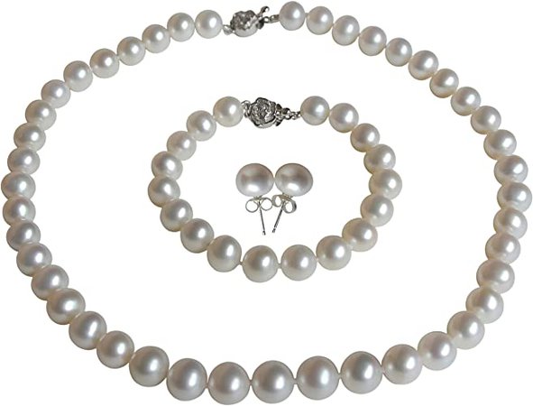 Amazon.com: Round White Strand Pearl Necklace Bracelet Stud Earrings 3pc set 20 Inch Genuine Cultured Freshwater 7mm 8mm PEARL ROMANCE: Clothing