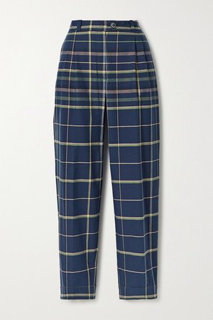 Laia Pleated Checked Cotton Straight-leg Pants - Navy